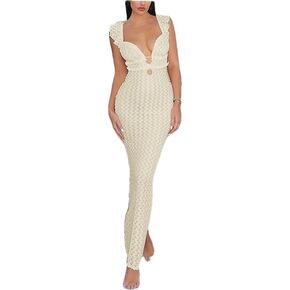 LOUSEA Women's Crochet Beach Dress Puffle Sleeve Hollow Out Knit Dress Vneck lace-up Pleated Dress Long Summer Outfits