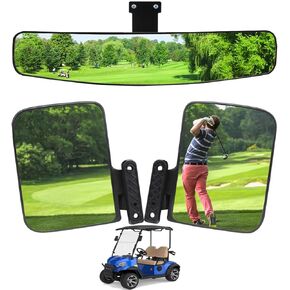 Golf Cart Mirror, HKOO Newest Golf Cart Folding Side Mirrors and Rear View Mirror 16.5" Extra Wide Panoramic Golf Cart Mirrors Fits for Club Car EZGO Yamaha Combo Pack