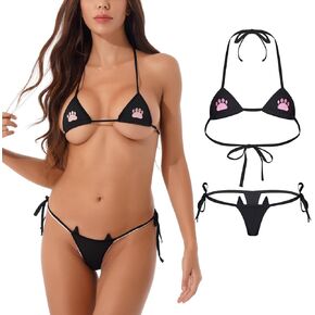 Women Micro Bikini Set Cute Cat Paw Embroidery Small Bra and Panty Set Kawaii Swimsuit Japanese Anime Triangle Lingerie