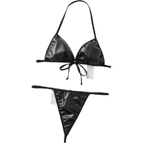 PU Underwear Set Cute Bathing Suit, Halter Strappy Bra&Thong， Women's Sexy Bikini Swimsuit Sets