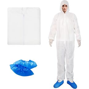 ETERNA Hazmat Suits- 5 Pack Disposable Protective Coveralls with Hood, Zipper, Elastic Wrists, Shoe Covers for Men & Women, Shield from Dirt, Dust, Paint (White, X-Large)
