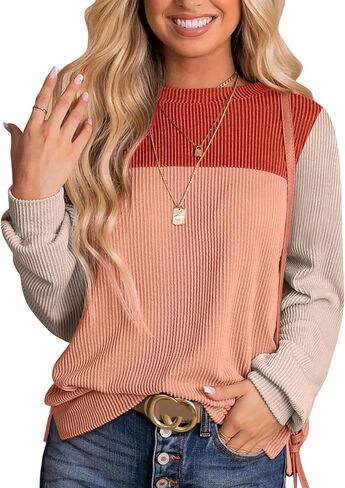 Womens Fashion Color Block Tops Crewneck Knitted Long Sleeve Shirts Casual Loose Fall Pullover with Side Slits in Saudi Arabia