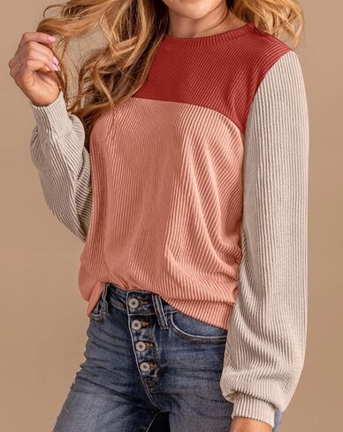Womens Fashion Color Block Tops Crewneck Knitted Long Sleeve Shirts Casual Loose Fall Pullover with Side Slits in Saudi Arabia