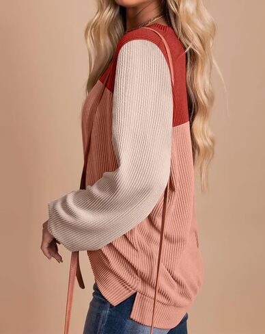 Womens Fashion Color Block Tops Crewneck Knitted Long Sleeve Shirts Casual Loose Fall Pullover with Side Slits in Saudi Arabia