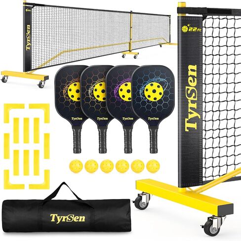 Pickleball Net Set - Pickleball Net on Wheels for Driveway Backyard, 22FT Regular Size, 4 Fiberglass Paddles & 6 Balls, 12 Court Markers, Portable Pickle Ball System with Carry Bag in Kuwait