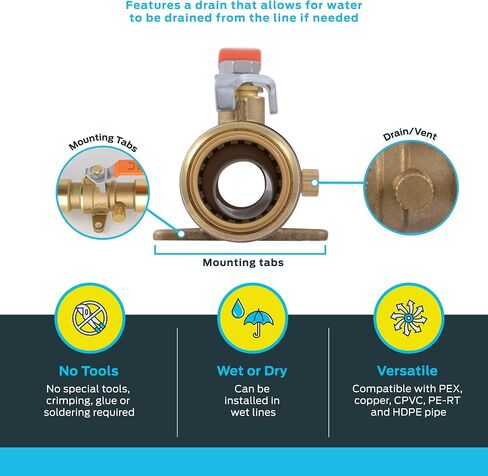 SharkBite 1 Inch Ball Valve with Drain Vent and Mounting Bracket, Push to Connect Brass Plumbing Fitting, PEX Pipe, Copper, CPVC, PE-RT, HDPE, 24617-0000LF in Saudi Arabia