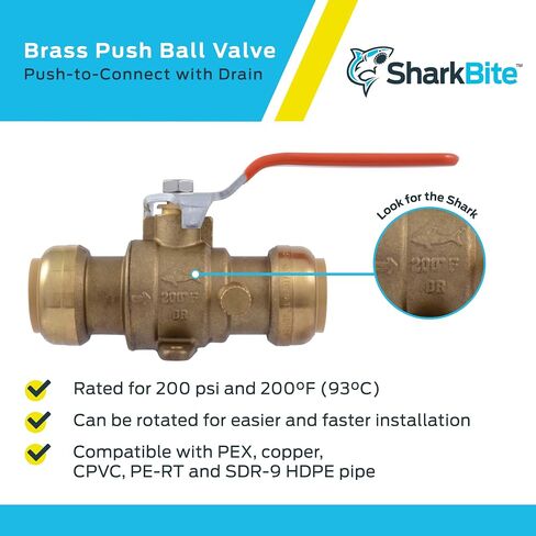 SharkBite 1 Inch Ball Valve with Drain Vent and Mounting Bracket, Push to Connect Brass Plumbing Fitting, PEX Pipe, Copper, CPVC, PE-RT, HDPE, 24617-0000LF in Saudi Arabia