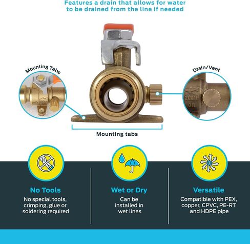 SharkBite 1 Inch Ball Valve with Drain Vent and Mounting Bracket, Push to Connect Brass Plumbing Fitting, PEX Pipe, Copper, CPVC, PE-RT, HDPE, 24617-0000LF in Saudi Arabia
