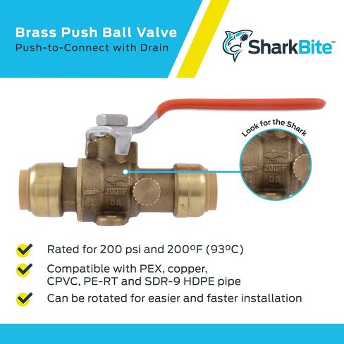 SharkBite 1 Inch Ball Valve with Drain Vent and Mounting Bracket, Push to Connect Brass Plumbing Fitting, PEX Pipe, Copper, CPVC, PE-RT, HDPE, 24617-0000LF in Saudi Arabia