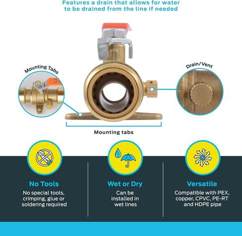 SharkBite 1 Inch Ball Valve with Drain Vent and Mounting Bracket, Push to Connect Brass Plumbing Fitting, PEX Pipe, Copper, CPVC, PE-RT, HDPE, 24617-0000LF in Saudi Arabia
