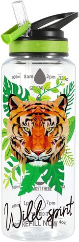 Home Tune 32oz Water Drinking Bottle - Tritan BPA Free, Wide Mouth, Straw Flip Lid, Easy Open, Lightweight, Leak-Proof Water Bottle with Foil Print Design For Girls & Boys - Tiger in Saudi Arabia