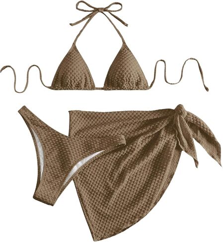 Women's 3 Piece Swimsuits Halter Triangle Tie Back Bikini Bathing Suit with Cover Up Beach Skirt in Saudi Arabia