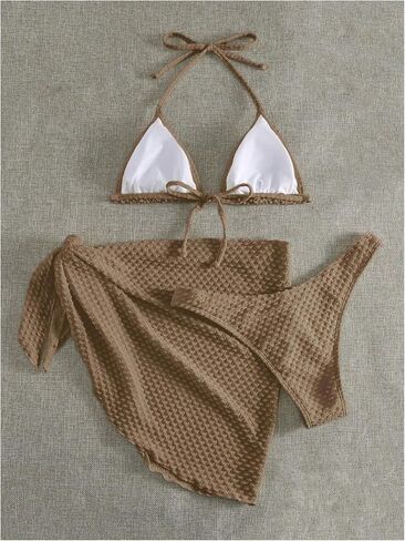 Women's 3 Piece Swimsuits Halter Triangle Tie Back Bikini Bathing Suit with Cover Up Beach Skirt in Saudi Arabia