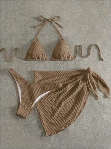 Women's 3 Piece Swimsuits Halter Triangle Tie Back Bikini Bathing Suit with Cover Up Beach Skirt in Saudi Arabia