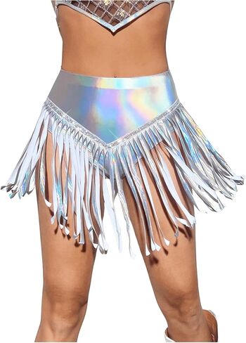 OYOANGLE Women's Metallic Shiny Fringe Trim Y2k Mini Skirt Rave Dance Festival Bottoms in Saudi Arabia