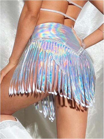OYOANGLE Women's Metallic Shiny Fringe Trim Y2k Mini Skirt Rave Dance Festival Bottoms in Saudi Arabia
