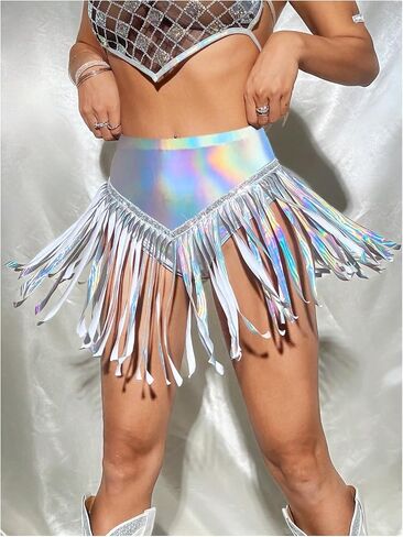 OYOANGLE Women's Metallic Shiny Fringe Trim Y2k Mini Skirt Rave Dance Festival Bottoms in Saudi Arabia