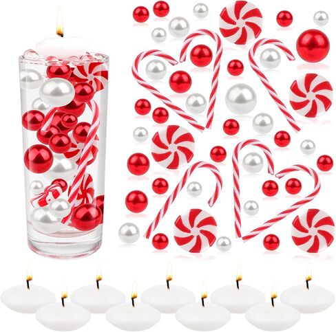 10149 Pcs Christmas Vase Filler Red Green Candy Cane Pearl Beads Christmas Filler Floating Candles Centerpiece with 9 Candles Water Gels Beads Faux Pearls for Christmas Holiday Home Party Table Decor in Kuwait