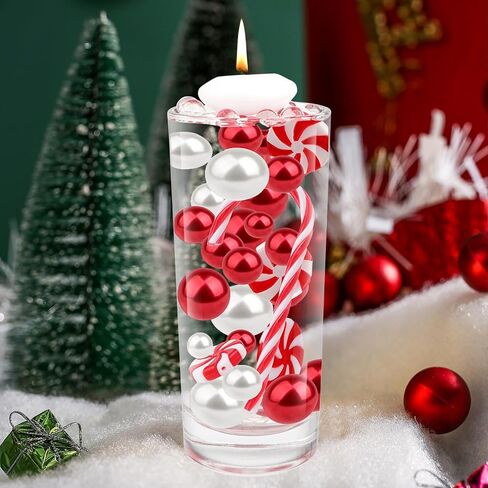 10149 Pcs Christmas Vase Filler Red Green Candy Cane Pearl Beads Christmas Filler Floating Candles Centerpiece with 9 Candles Water Gels Beads Faux Pearls for Christmas Holiday Home Party Table Decor in Kuwait