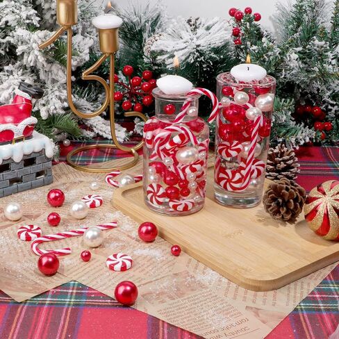 10149 Pcs Christmas Vase Filler Red Green Candy Cane Pearl Beads Christmas Filler Floating Candles Centerpiece with 9 Candles Water Gels Beads Faux Pearls for Christmas Holiday Home Party Table Decor in Kuwait