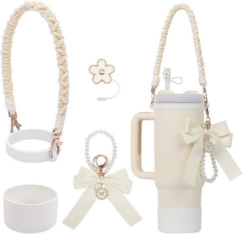 Stanley Cup Accessories Set- Water Bottle Handle Strap, Stanley Cup Protective Silicone Boot, Bow Design Stanley Charms for Stanley Cup 40oz /30 oz Tumbler (white) in Saudi Arabia