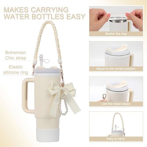 Stanley Cup Accessories Set- Water Bottle Handle Strap, Stanley Cup Protective Silicone Boot, Bow Design Stanley Charms for Stanley Cup 40oz /30 oz Tumbler (white) in Saudi Arabia