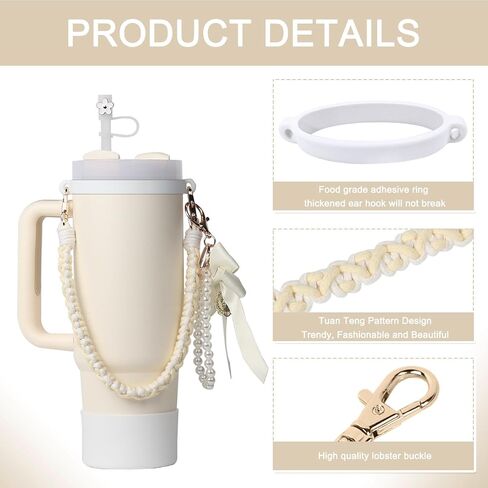 Stanley Cup Accessories Set- Water Bottle Handle Strap, Stanley Cup Protective Silicone Boot, Bow Design Stanley Charms for Stanley Cup 40oz /30 oz Tumbler (white) in Saudi Arabia