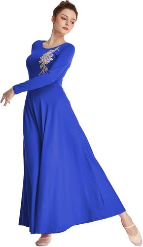 HIHCBF Women Long Sleeve Liturgical Praise Dance Dress Adults Applique Lyrical Ballroom Dancewear Worship Robe Costume in Kuwait