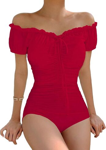 MakeMeChic Women's Off Shoulder Short Sleeve Monokini Swimsuit Ruched One Piece Bathing Suit in Saudi Arabia