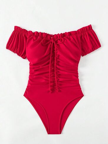 MakeMeChic Women's Off Shoulder Short Sleeve Monokini Swimsuit Ruched One Piece Bathing Suit in Saudi Arabia