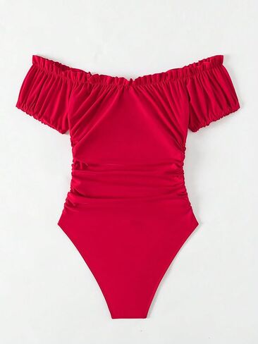 MakeMeChic Women's Off Shoulder Short Sleeve Monokini Swimsuit Ruched One Piece Bathing Suit in Saudi Arabia