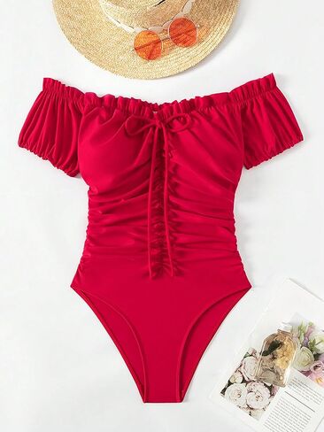 MakeMeChic Women's Off Shoulder Short Sleeve Monokini Swimsuit Ruched One Piece Bathing Suit in Saudi Arabia