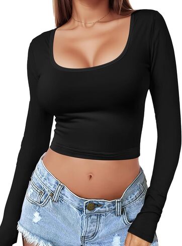 Women's Square Neck Long Sleeve Crop Top Y2K Shirt Sexy Slim Fitted Casual Base Layer Soft Workout Shirt Going Out Tops in Kuwait