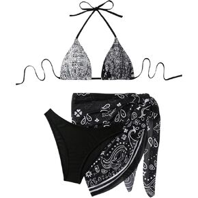 SOLY HUX Bathing Suit for Women 3 Piece Paisley Print Halter Triangle Bikini Sets Swimsuit with Beach Skirt