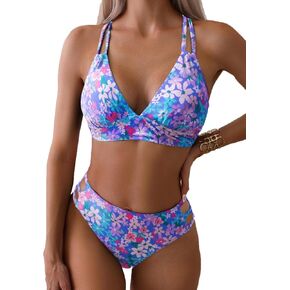Tainehs Women's Push Up V Neck Bikini Sets Criss Cross Back Two Piece Bathing Suit Pink Flower