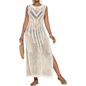 Bsubseach Crochet Beach Cover Ups for Women Hollow Out Sleeveless Swimsuit Cover Up Swimwear Bikini Coverup Dress