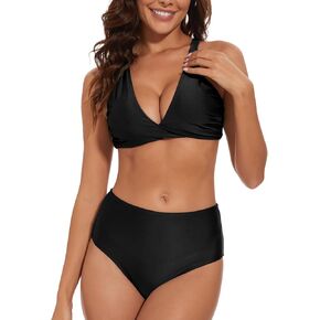 Womens High Waisted Bikini Sets V Neck Twist Front Criss Cross Back Bathing Suit Two Piece Swimsuits