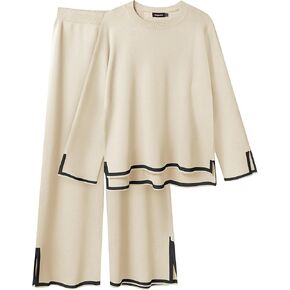 Bloggerlove Women's Knit 2 Piece Sweater Sets Long Sleeve Pullover Tops Elastic Waist Wide Leg Pants Lounge Set