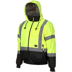 Pioneer Hi Vis Safety Bomber for Men - Waterproof, Reflective ANSI Class 3 Winter Rain Jacket with Detachable Hood