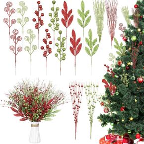 100 Pcs 17'' 12'' Red Green Christmas Berry Stems Ornaments Artificial Glitter Curly Christmas Picks Sprays Fake Christmas Sticks Decorations for Xmas Tree Wreath Crafts Vase Filler Home