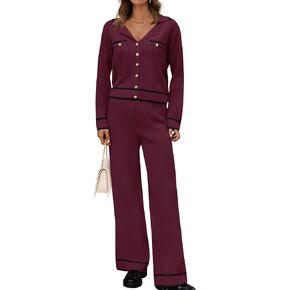 ZESICA Womens Fall Knit Two Piece Outfits Casual Long Sleeve V Neck Sweater Shirts and Wide Leg Pants Matching Lounge Sets