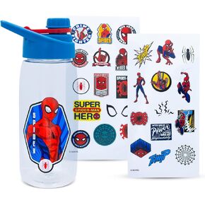 Marvel Comics Spider-Man Hinged Handle Plastic Sports Water Bottle Jug and Sticker Set | Holds 20 Ounces