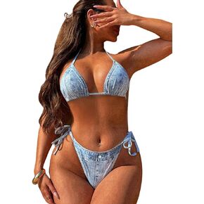 RARITYUS Women’s Sexy Halter Denim Bikini Set 2 Piece Triangle Tie Side Swimsuit Jeans High Cut Bathing Suit in Kuwait