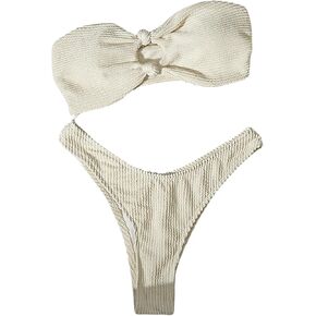 WDIRARA Women's 2 Piece Bandeau Knot Front Hollow Out Swimsuit High Cut Bikini Set