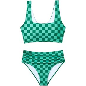 Verdusa Women's Plaid Print High Waisted Bikini Sets Two Piece Swimsuit Bathing Suits