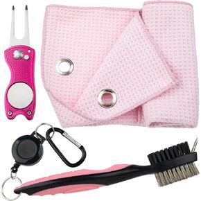PAGOW Golf Cleaning Kit, Microfiber Golf Towels + Golf Club Groove Cleaner Brush + Foldable Golf Divot Tool, Women Men Golf Accessories for Golf Bags (Pink)