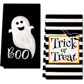 ARKENY Halloween Kitchen Towels for Halloween Decorations,Black Bats Ghost Trick or Treat Saying Dish Towels 18x26 Inch,Farmhouse Home Indoor Vintage Party Decor AD368