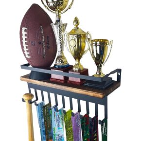 Medal Hanger Display and 16.5" Trophy Shelf with 2.1" Wide Hooks – Sturdy Holder Holds 43+ Medals and Baseball Bat (Dark Brown)
