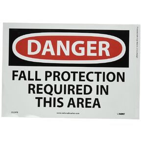 NMC D529AB DANGER - FALL PROTECTION REQUIRED IN THIS AREA - 14 in. x 10 in. Aluminum Danger Sign with White/Black Text on Red/White Base