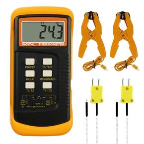K Type Thermocouple Thermometer (-50~1300°C), Dual Channels Digital Thermometer with 2 Temperature Clamp 2 Wired Thermocouple Probes, High Accuracy Temperature Kelvin Scale Meter Tester